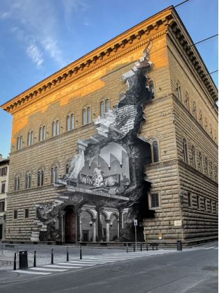 Installazione “La ferita” dell’artista francese JR, esposta sulla facciata di Palazzo Strozzi dal 19 marzo al 22 agosto del 2021